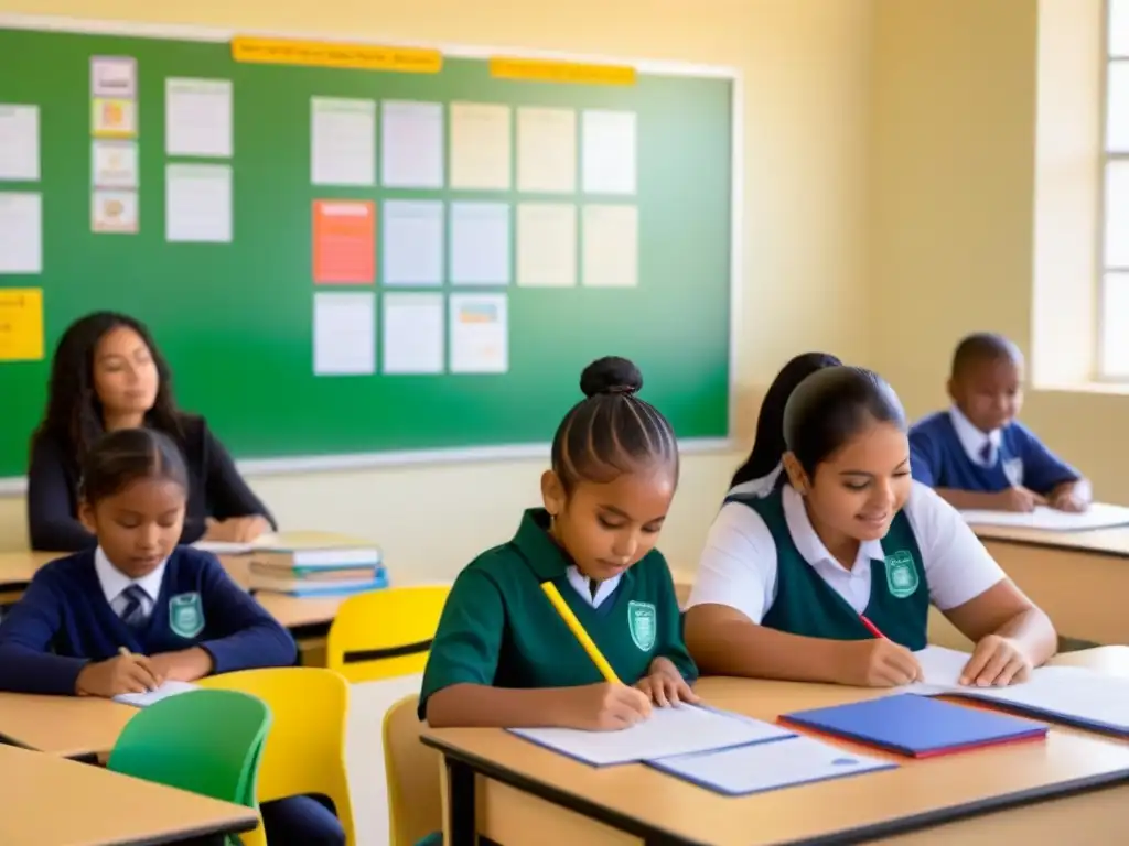 Salón de clase armonioso en escuela bilingüe, con estrategias efectivas de adaptación curricular bilingüe