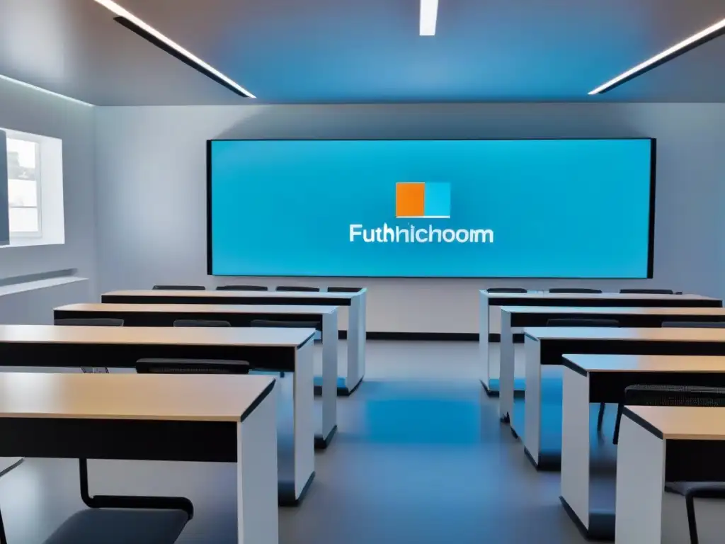 Salón de clase futurista en Uruguay con metodologías activas, realidad aumentada y muebles modernos, creando un ambiente innovador