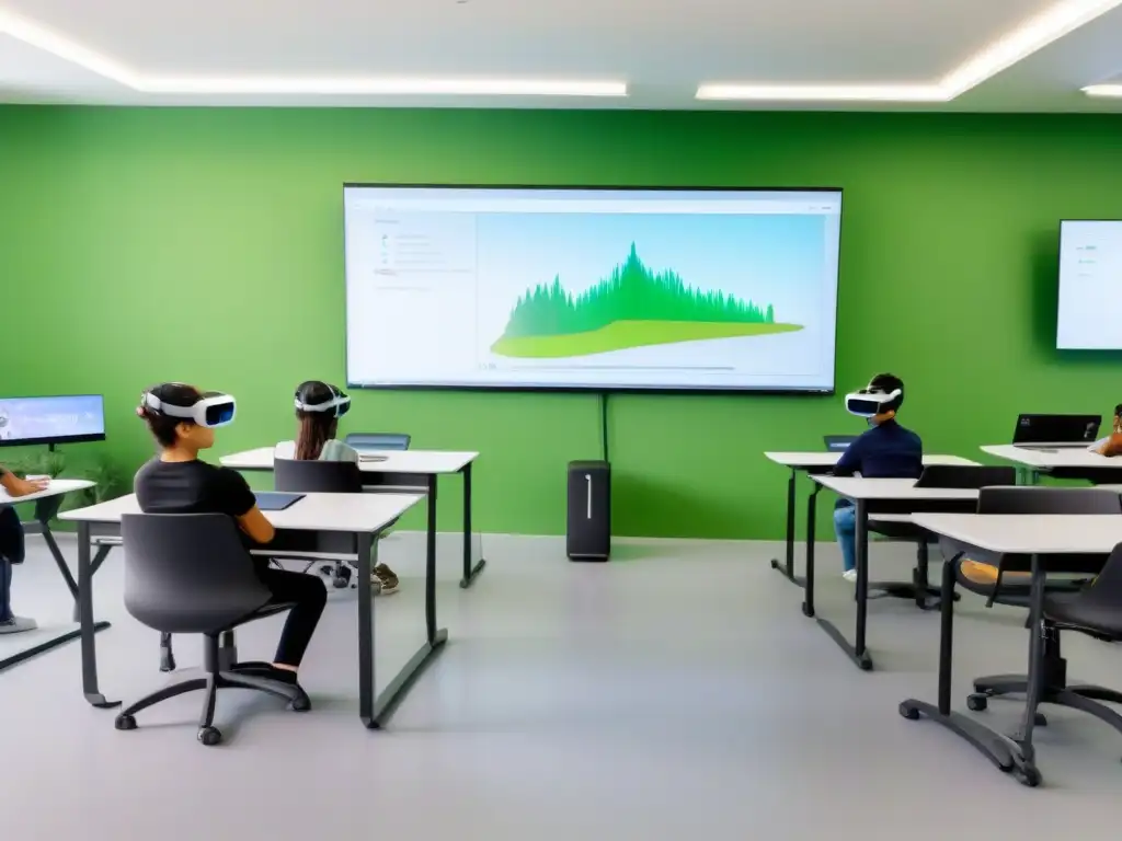 Salón de clase futurista en Uruguay con tecnología educativa de vanguardia en 2023: pizarras digitales interactivas, auriculares de realidad virtual para cada estudiante y software de aprendizaje personalizado