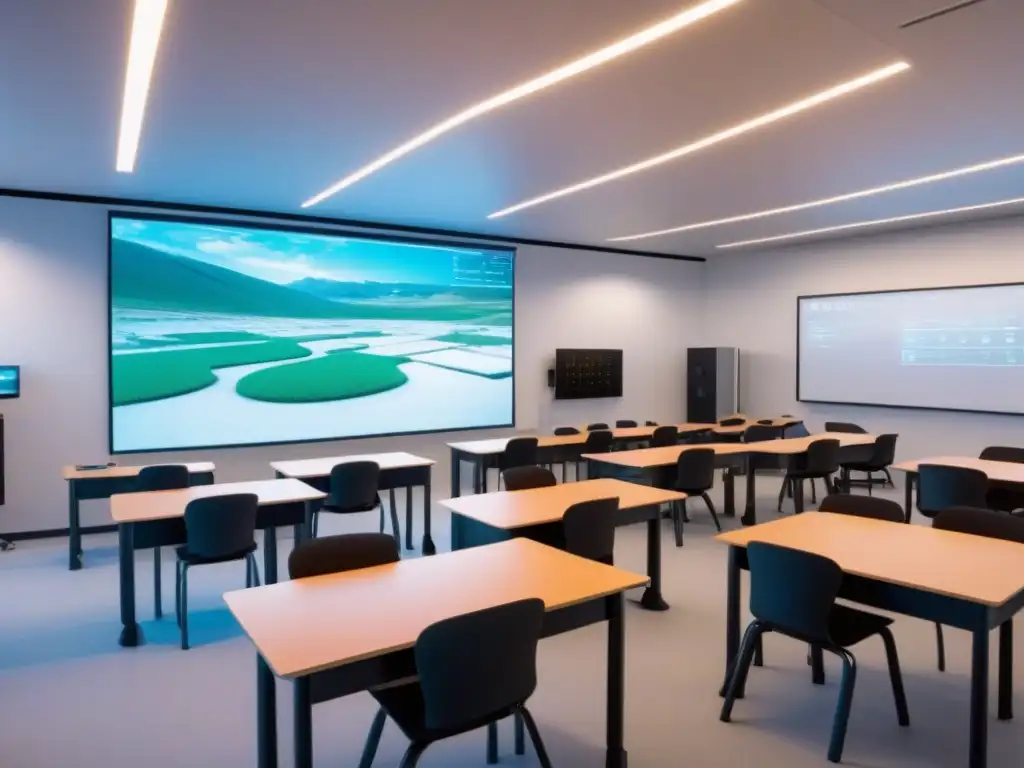 Salón de clase futurista en Uruguay con tecnología avanzada y enfoque en ciencia y tecnología, reflejando estándares educativos globales en Uruguay