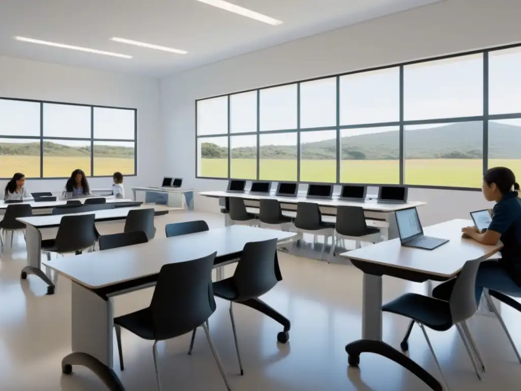 Salón de clase futurista en Uruguay con tecnología integrada y estudiantes colaborativos