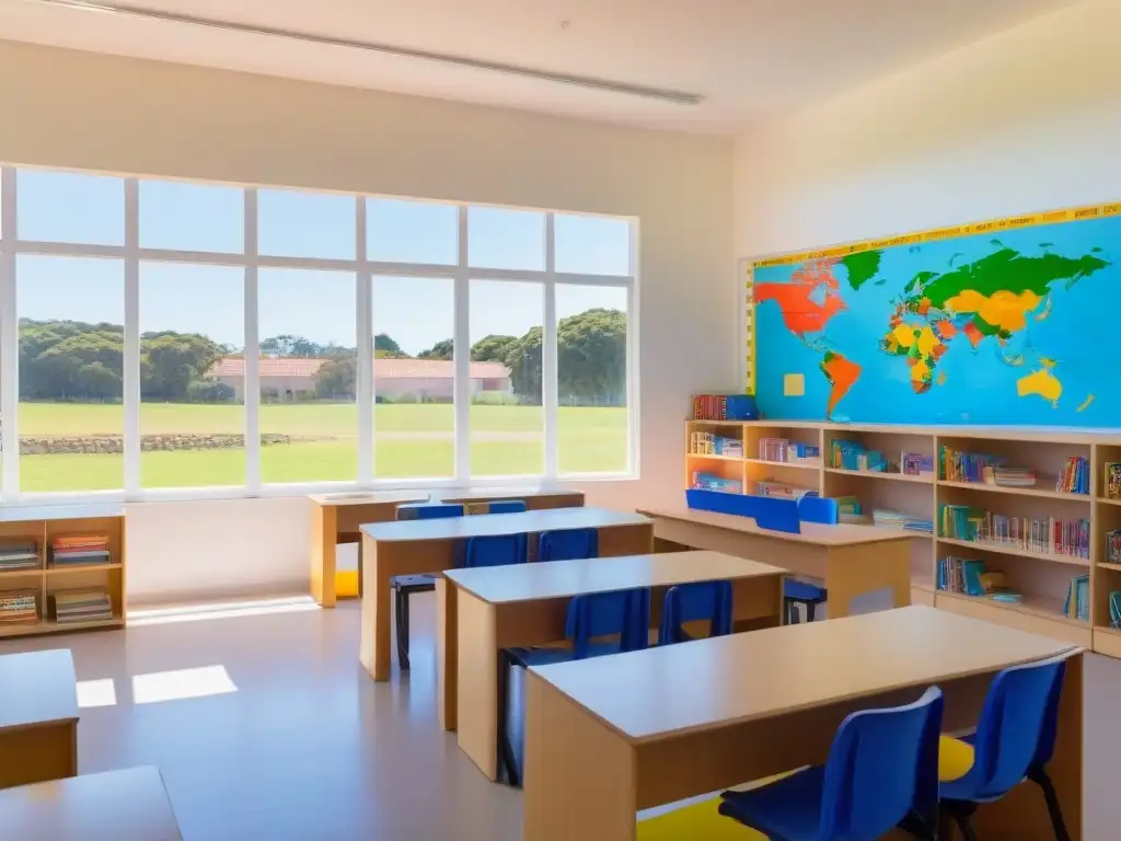 Salón de clase luminoso en escuela bilingüe en Uruguay con diversidad de estudiantes inmersos en actividades educativas