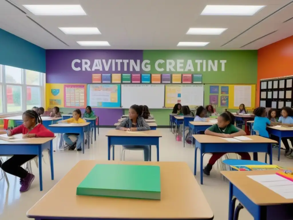 Salón de clase luminoso en Uruguay con estudiantes de diversas edades y fondos, disfrutando la integración de las artes en educación