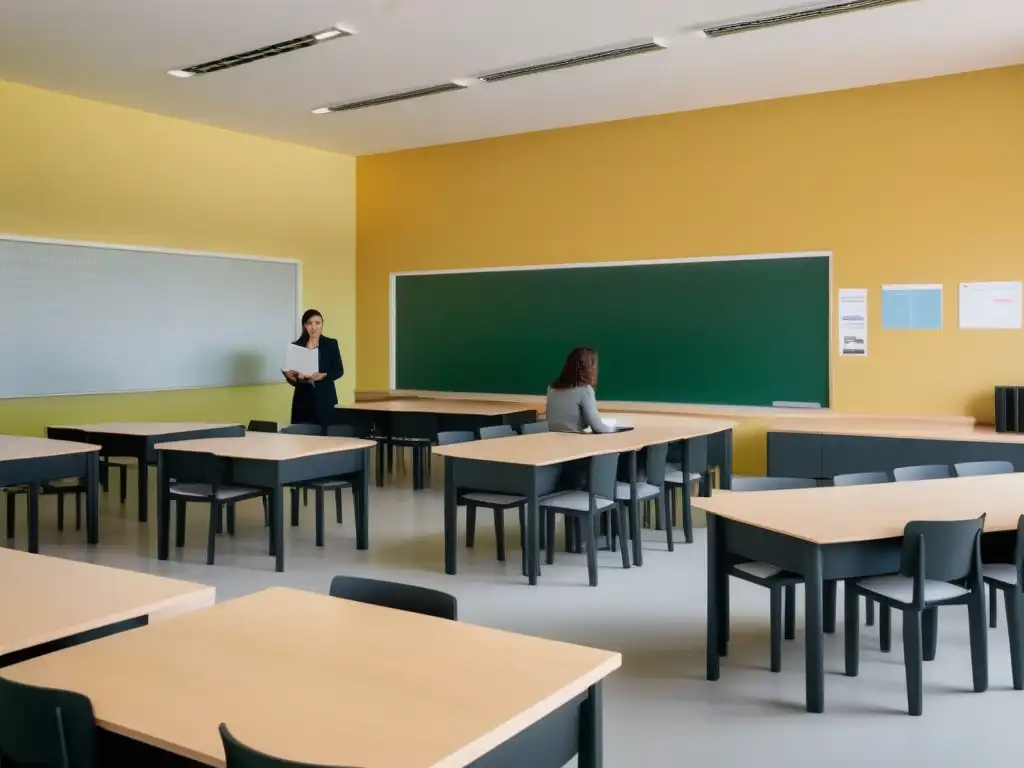 Salón de clase en Uruguay con diseño minimalista y estudiantes diversos debatiendo, reflejando prácticas innovadoras de formación docente en Uruguay