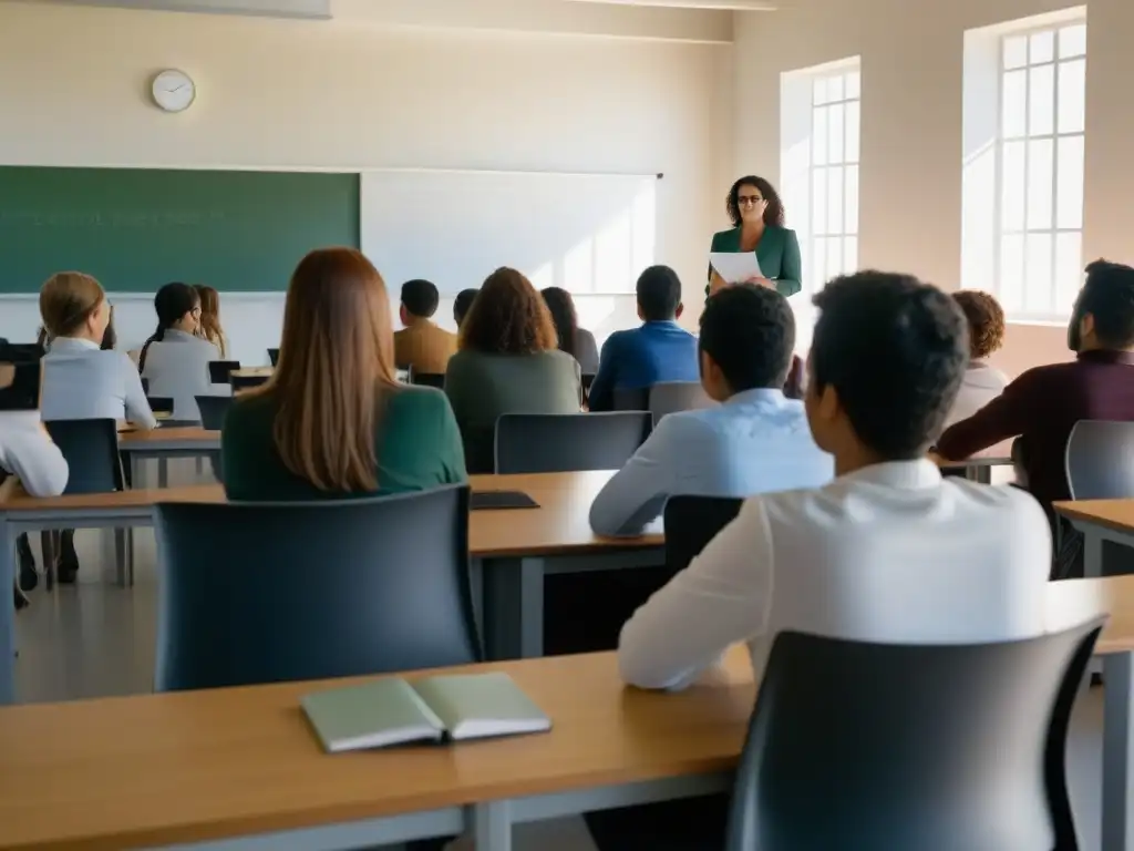 Salón de clase moderno en Uruguay con alumnos concentrados en educación financiera, evaluación programas educación financiera Uruguay