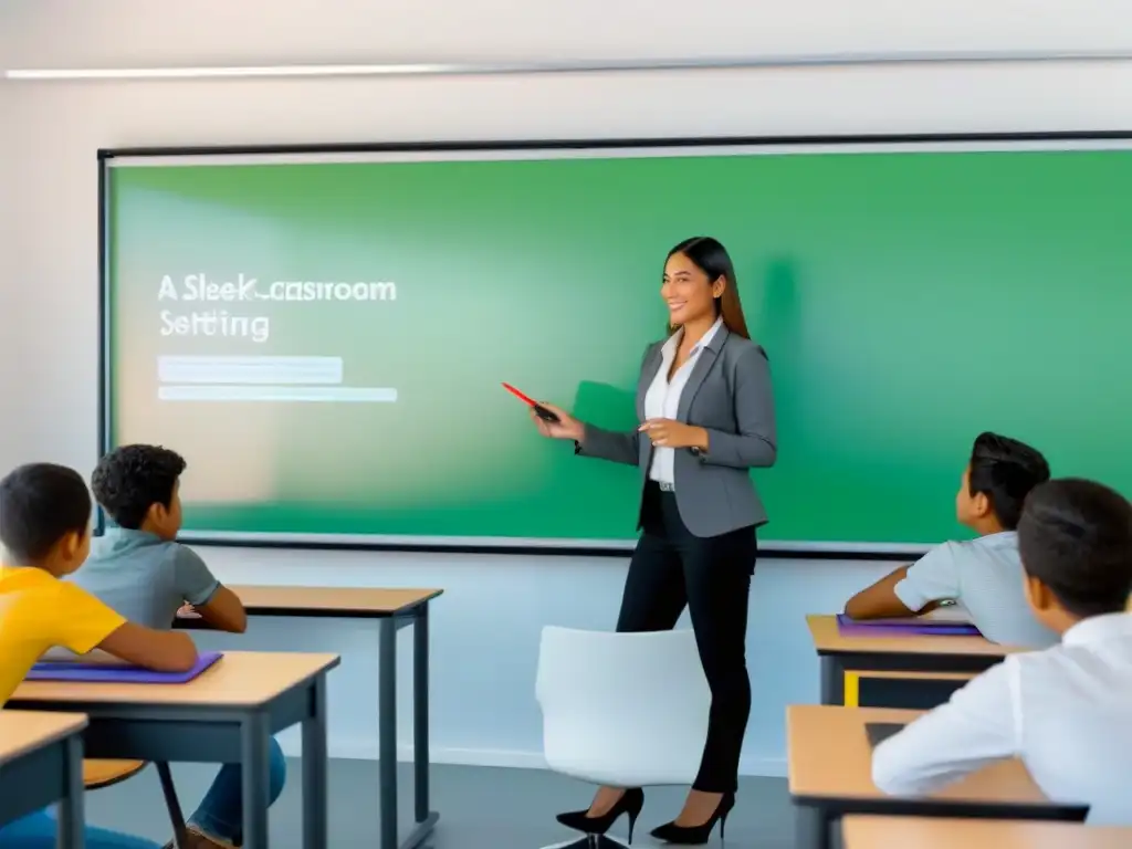 Salón de clase moderno con plataformas AdTech educación Uruguay y estudiantes comprometidos