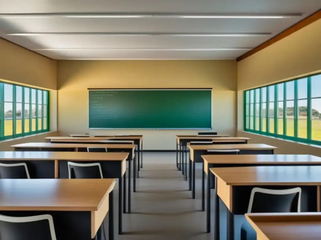 Salón de clase moderno en Uruguay con Reforma Vareliana educación pública, luminoso y elegante, con mobiliario de madera y pizarra digital