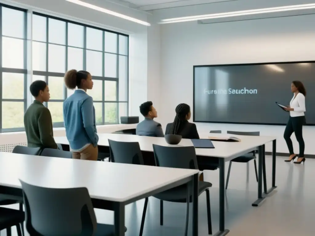 Salón de clase moderno y sereno con estudiantes diversos colaborando, preparación para cambios educación siglo