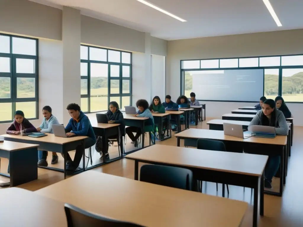 Salón de clase moderno en Uruguay con software educativo adaptativo, alumnos diversos concentrados en sus dispositivos tecnológicos