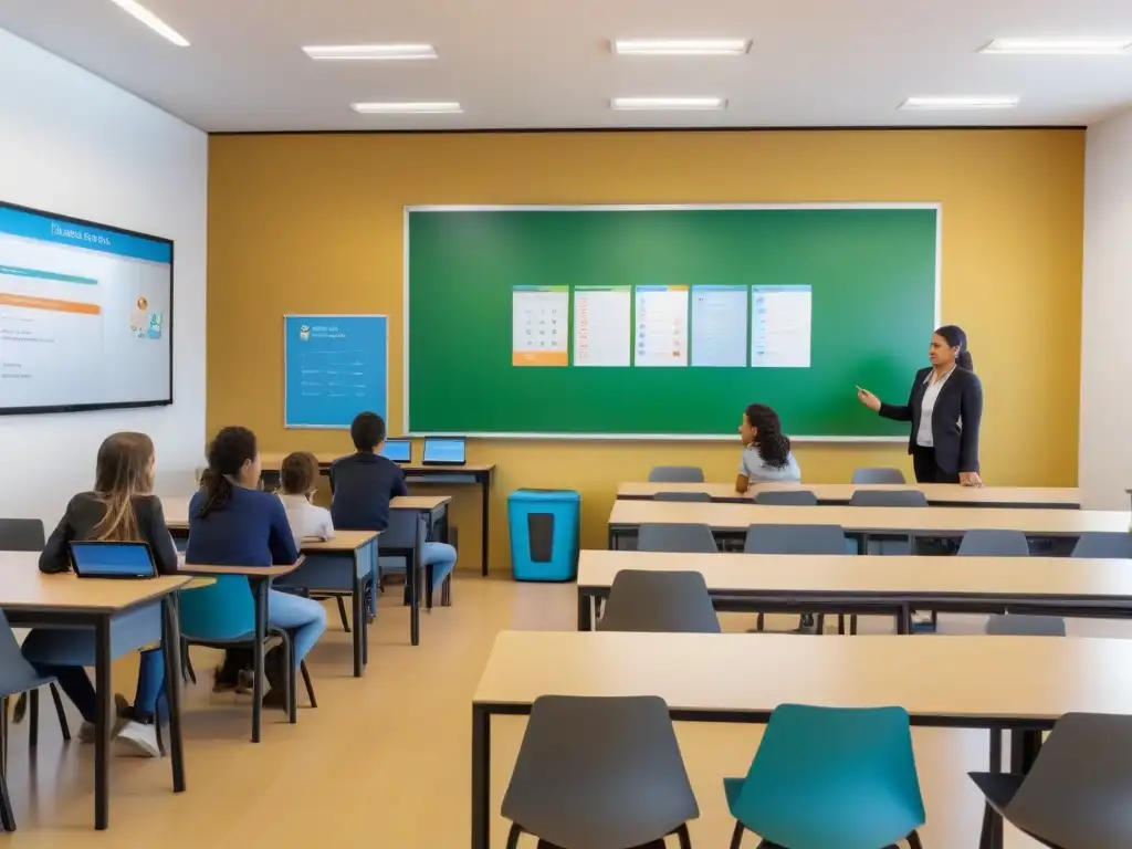 Salón de clase moderno en Uruguay con tecnología educativa avanzada y alumnos colaborando