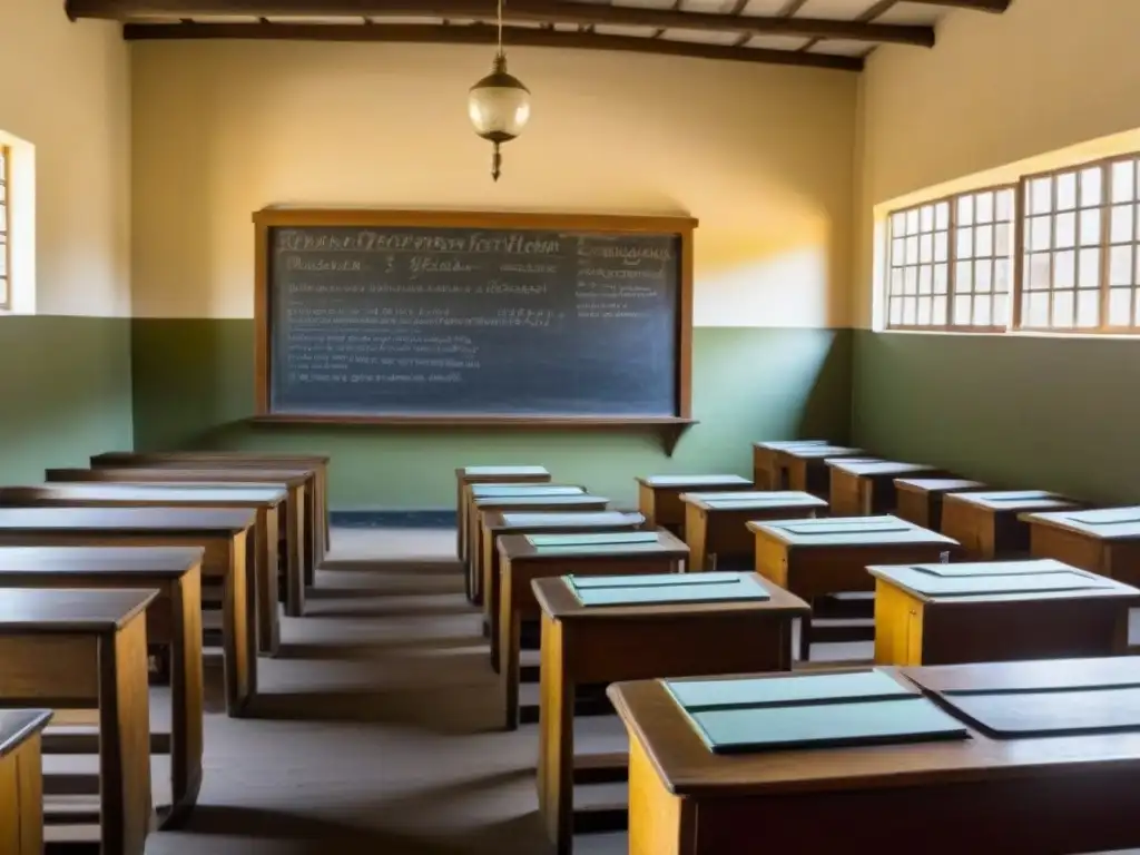 Salón de clase uruguayo del siglo XX con reforma educativa en Uruguay 2021: pupitres de madera, pizarrón, carteles educativos y luz solar