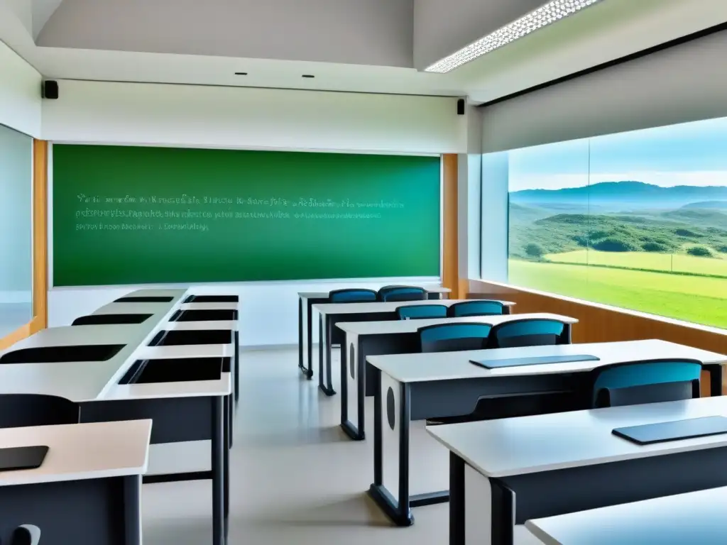 Salón de clases futurista en Uruguay con aplicaciones de inteligencia artificial educativa, luz natural y vista a paisaje verde