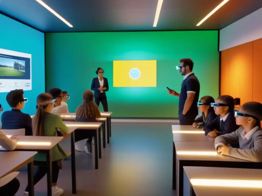 Salón de clases futurista en Uruguay con estudiantes usando gafas de realidad aumentada