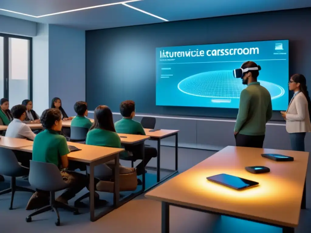 Salón de clases futurista con estudiantes diversos y tecnología avanzada, simbolizando los planes educativos inclusivos de Uruguay en 2025