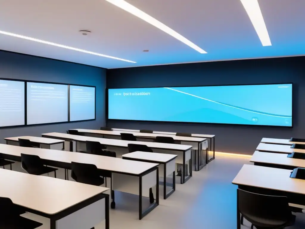 Salón de clases futurista en Uruguay con diseño minimalista e integración de IA avanzada