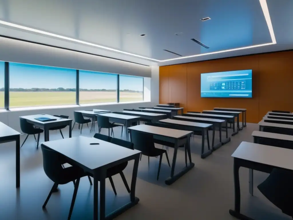 Salón de clases futurista en Uruguay con tecnología innovadora y alumnos colaborando en actividades de aprendizaje