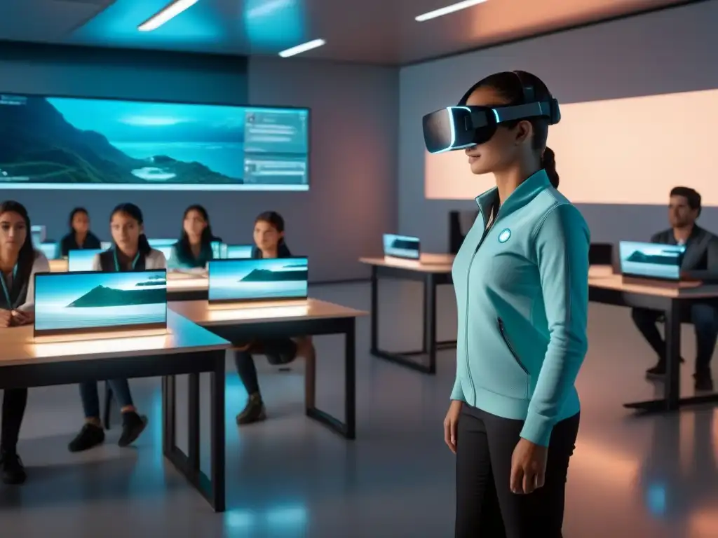 Salón de clases futurista en Uruguay 2023 con tecnología educativa y realidad virtual