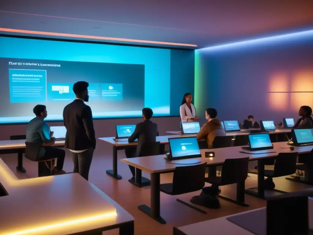 Salón de clases futurista con tecnologías emergentes educación Uruguay, estudiantes colaborando y hologramas educativos