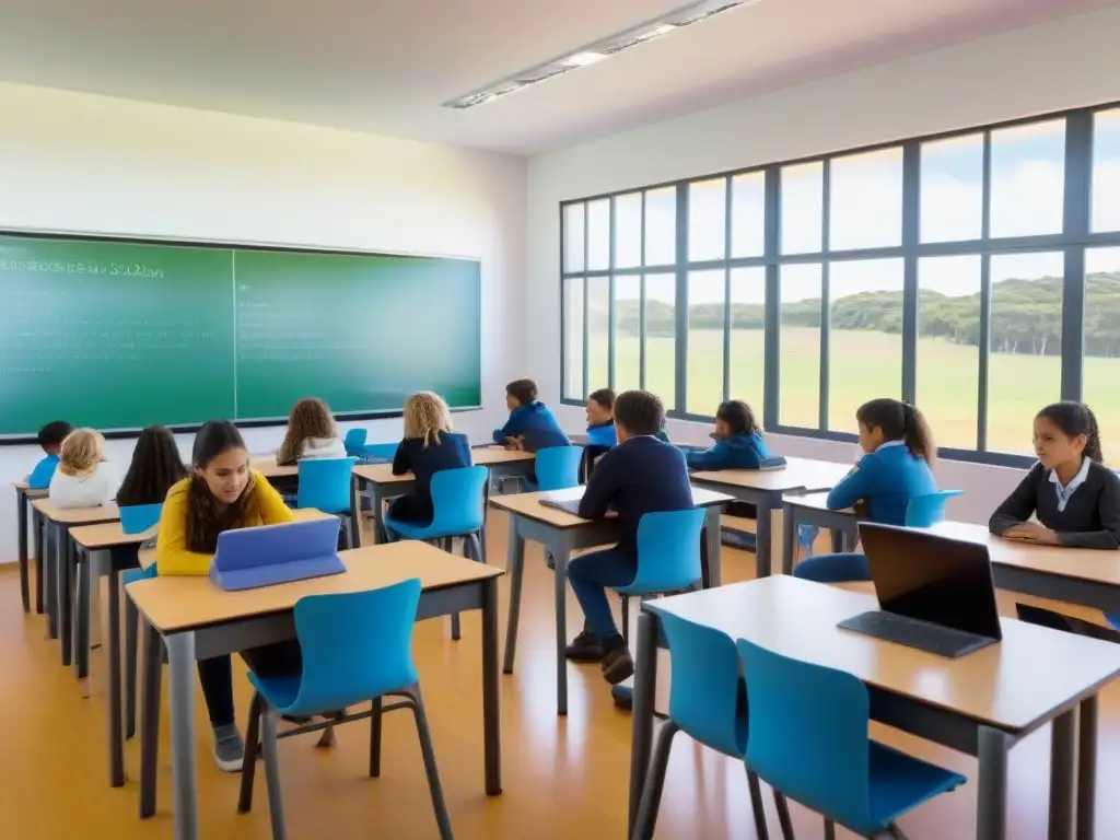 Salón de clases en Uruguay con metodologías innovadoras educación, estudiantes interactuando con tecnología educativa moderna