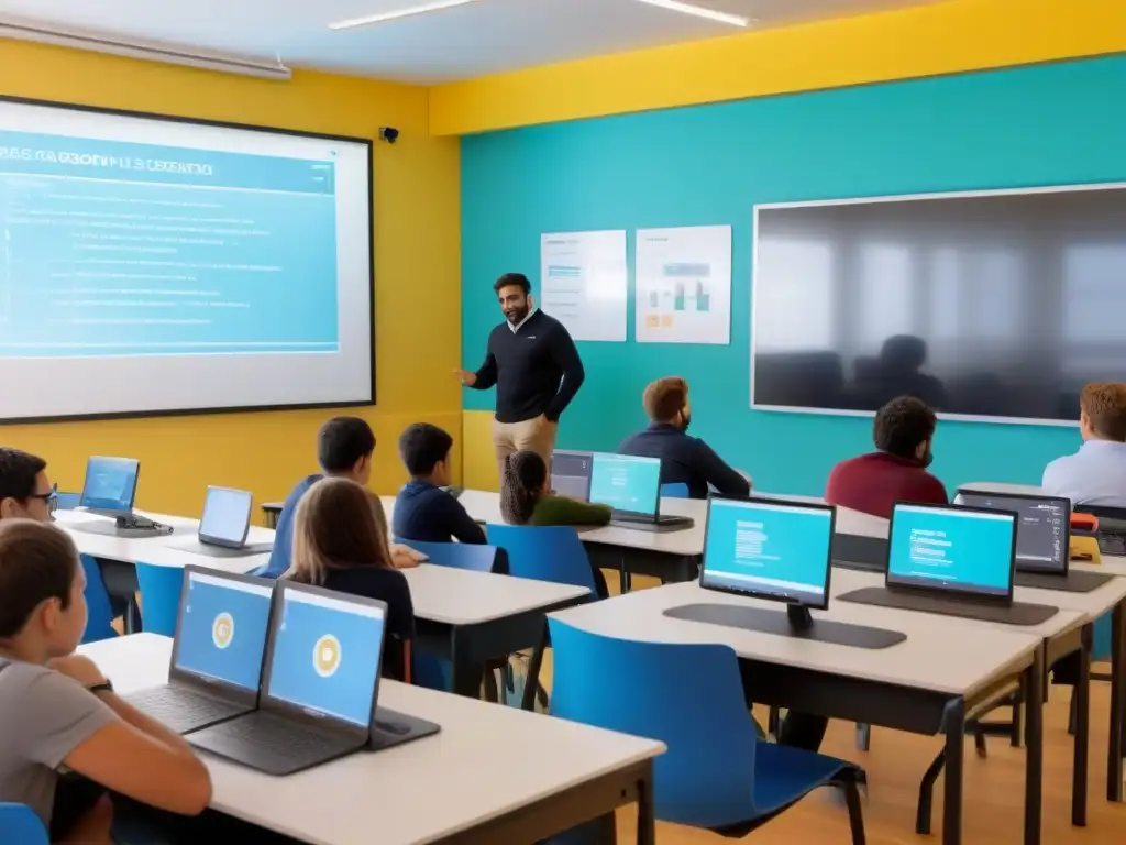 Salón de clases moderno en Uruguay fomentando competencias digitales en estudiantes