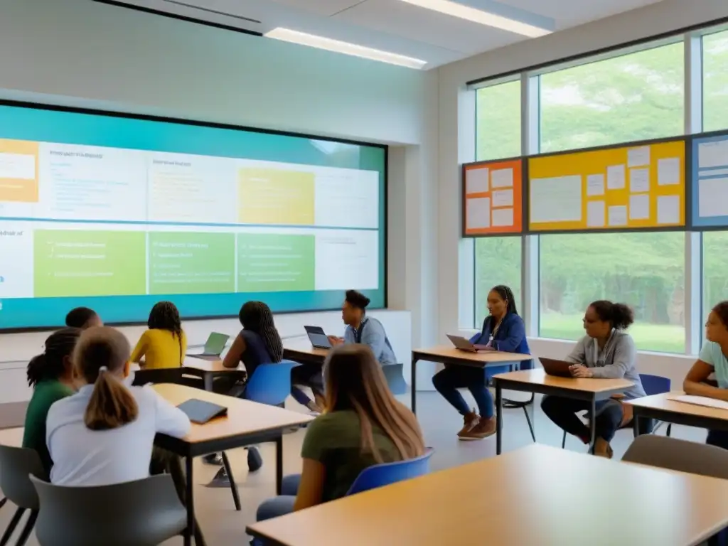 Salón de clases moderno con estudiantes diversos colaborando en Aprendizaje Basado en Proyectos en Uruguay