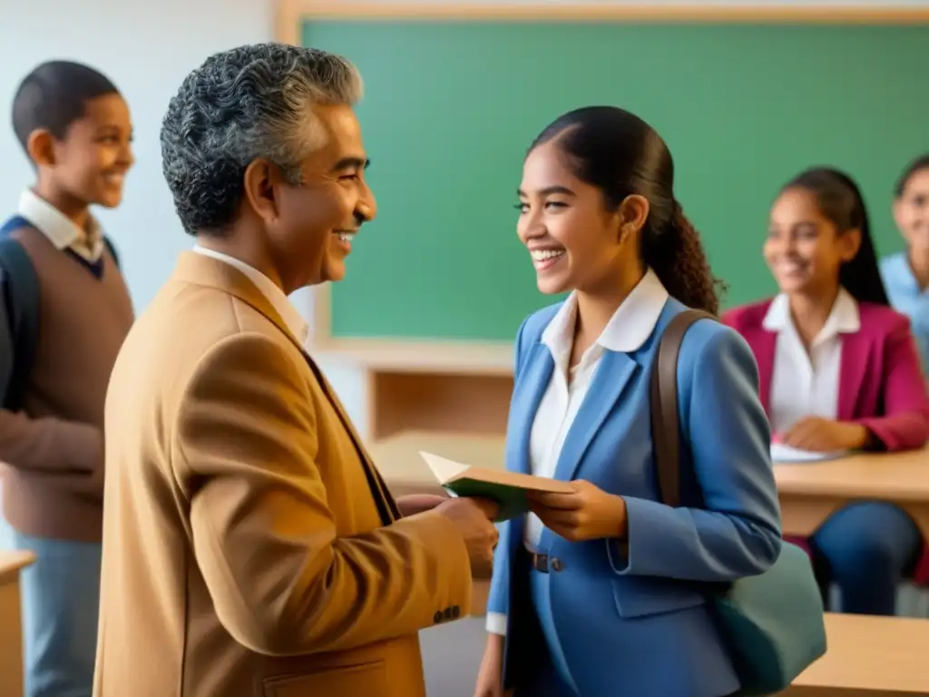 Un salón de clases moderno en Uruguay donde estudiantes de diferentes edades y etnias interactúan felices, simbolizando educación inclusiva en Uruguay