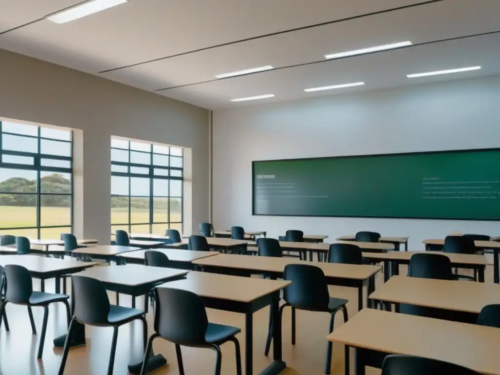 Salón de clases moderno en Uruguay, con diseño minimalista y tecnología educativa innovadora, iluminado por luz natural