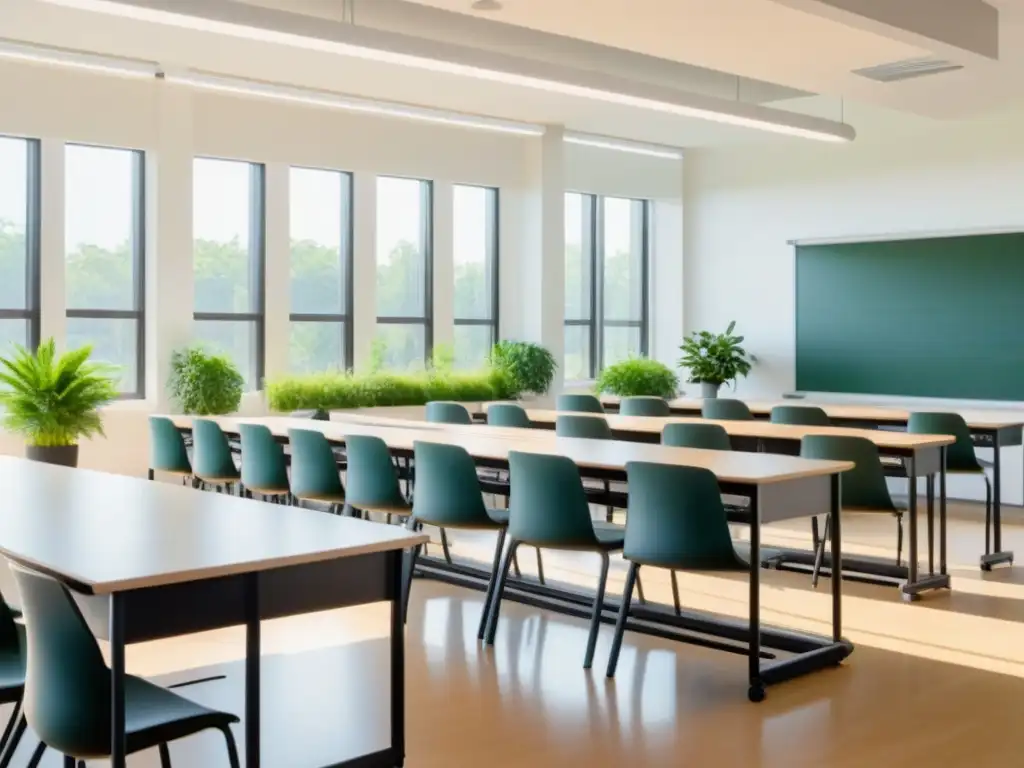 Salón de clases moderno y organizado con luz natural, pizarrón interactivo y plantas