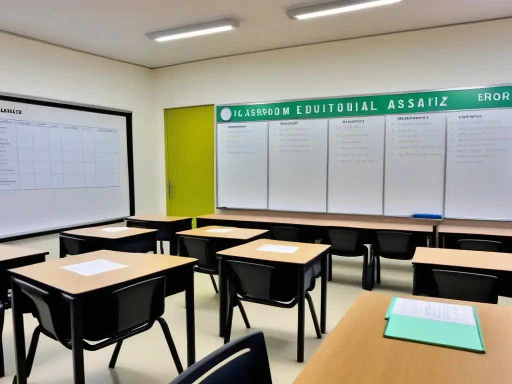 Salón de clases moderno en Uruguay con posters educativos, pizarrón y evaluación en el aula uruguaya