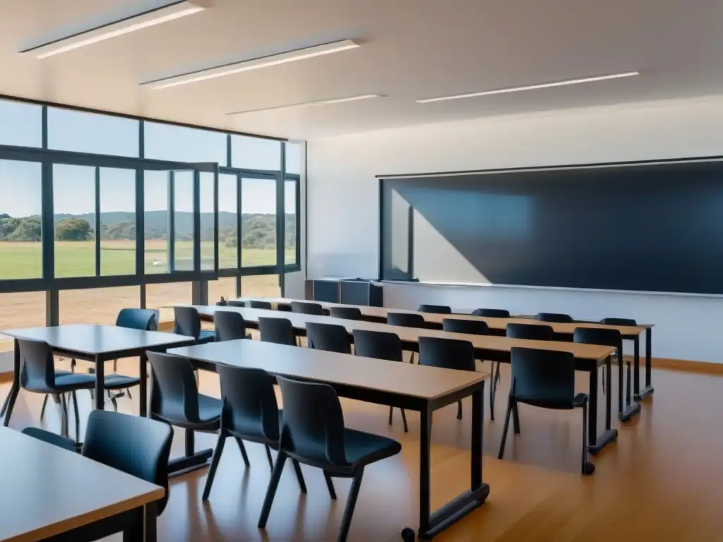 Salón de clases moderno en Uruguay con tecnología de vanguardia y contenido educativo sobre la evolución del sistema educativo Uruguayo