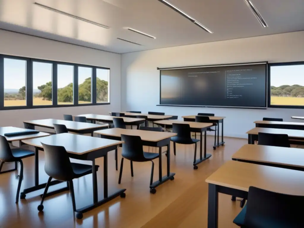 Salón de clases moderno en Uruguay con tecnología de vanguardia y diseño ergonómico, reflejando los desafíos educativos del siglo XXI