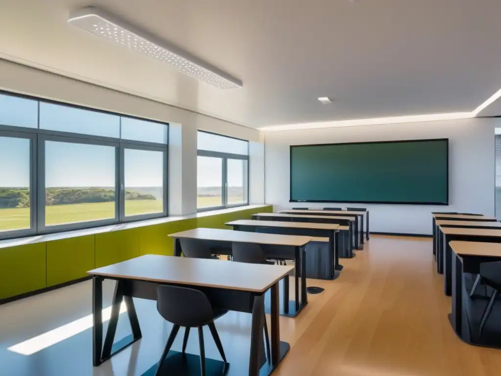 Salón de clases moderno en Uruguay con tecnología avanzada y estudiantes colaborativos