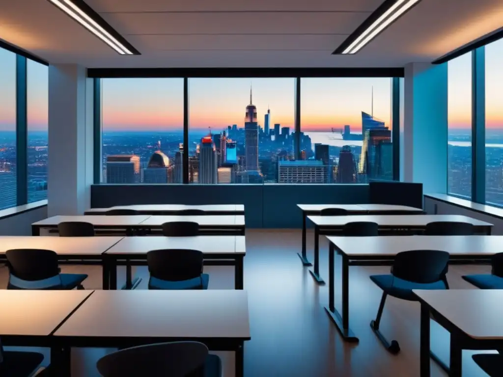 Salón de clases moderno con vista a la ciudad al atardecer, ideal para Programas MBA innovadores Uruguay