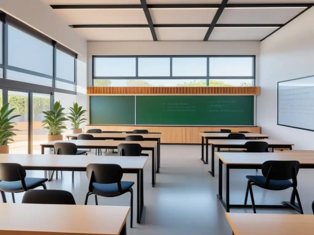 Salón de clases sereno en Uruguay con diseño minimalista, luz natural y mobiliario moderno