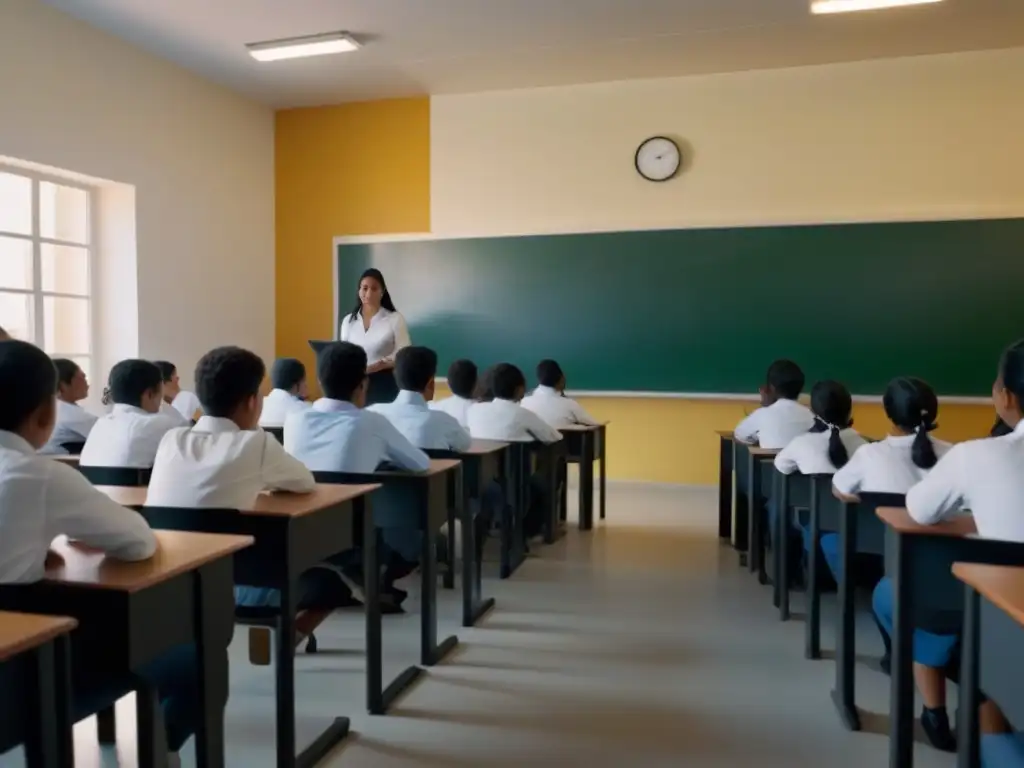 Salón de clases tranquilo en Uruguay durante evaluación estándar, con estudiantes diversos concentrados y profesor supervisando