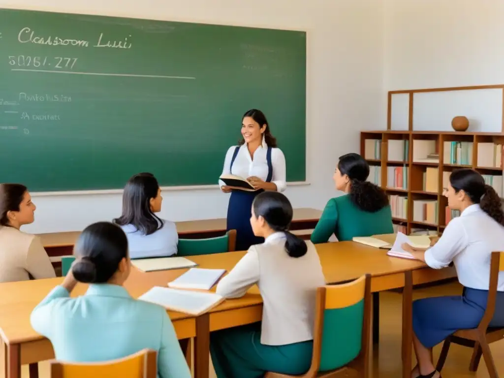 Un salón de clases vintage en Uruguay, con Paulina Luisi liderando la educación integral de la mujer