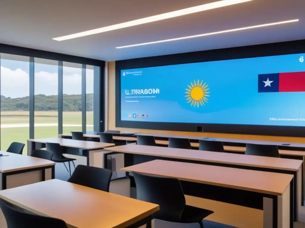 Salón futurista en Uruguay con metodologías ágiles en educación, modernos pupitres y bandera uruguaya de fondo