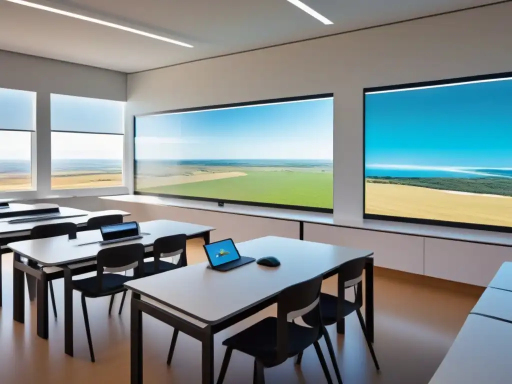 Salón futurista en Uruguay con tecnología avanzada y estudiantes colaborando, reflejando políticas educativas tecnologías emergentes Uruguay