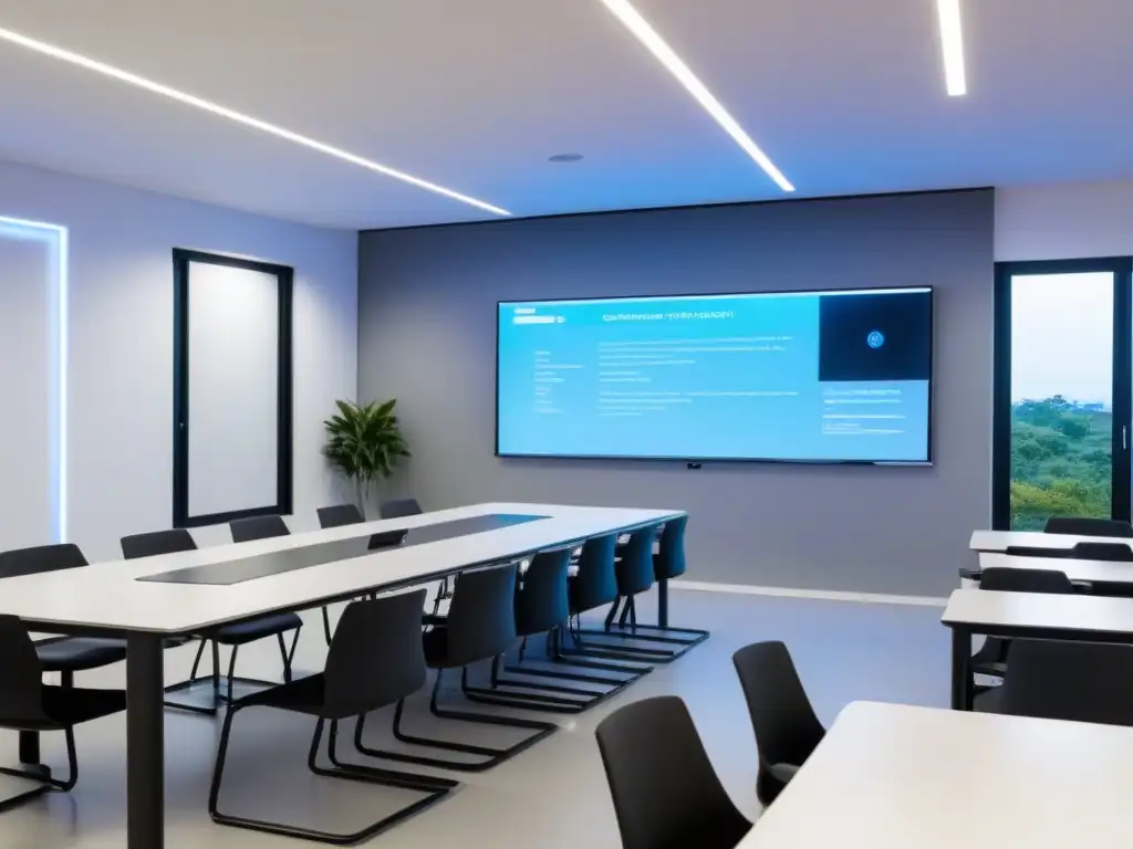 Salón futurista en Uruguay con tecnología educativa de vanguardia y diseño minimalista