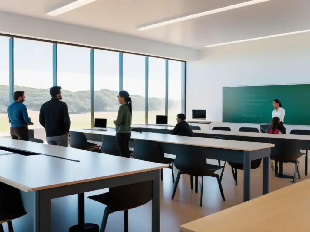 Salón futurista en Uruguay con tecnología educativa avanzada, educadores colaborando en Capacitación en TICs educadores Uruguay