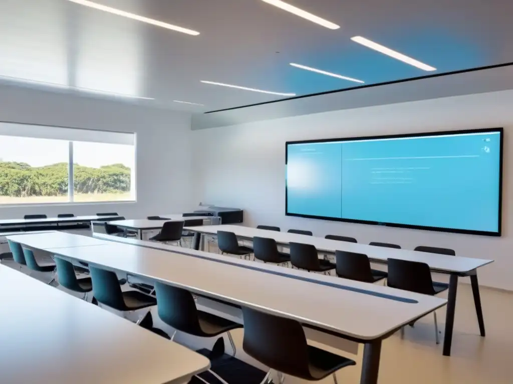 Salón futurista en Uruguay con tecnologías educativas de vanguardia, diseño minimalista y luz natural