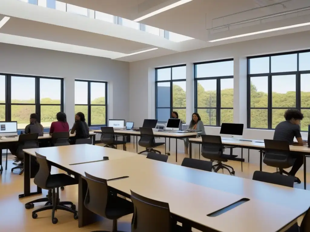 Salón moderno de arte y tecnología donde estudiantes colaboran en proyectos creativos