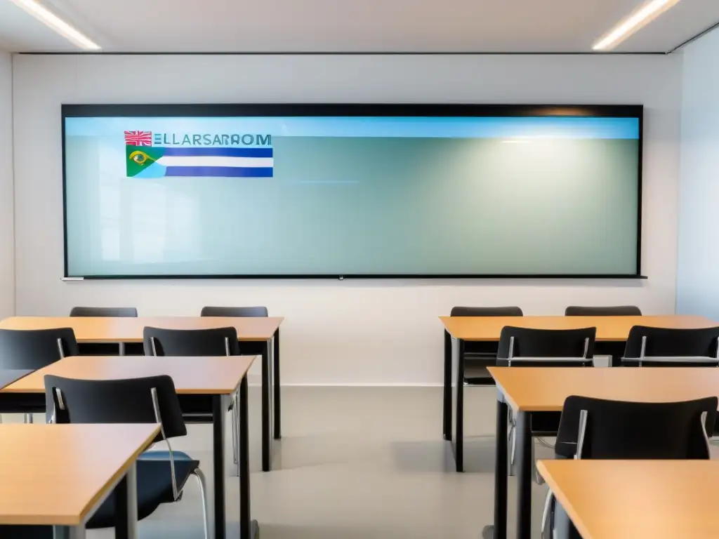 Salón moderno en Uruguay para clase de portugués, con mobiliario ergonómico y pizarra digital interactiva