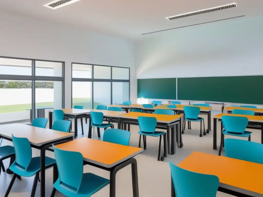 Salón moderno en Uruguay con tecnología innovadora y ambiente luminoso, destacando las reformas educativas Uruguay