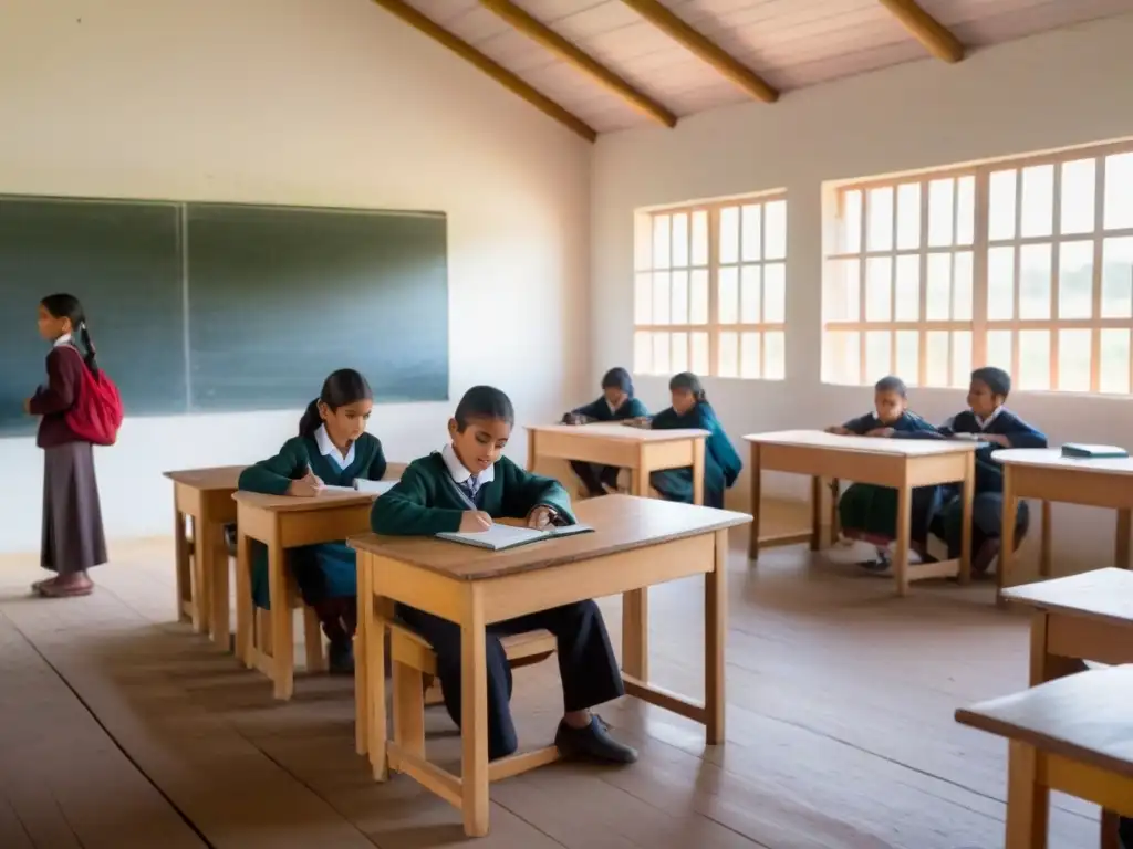 Salón rural en Uruguay con alumnos diversos concentrados en actividades educativas