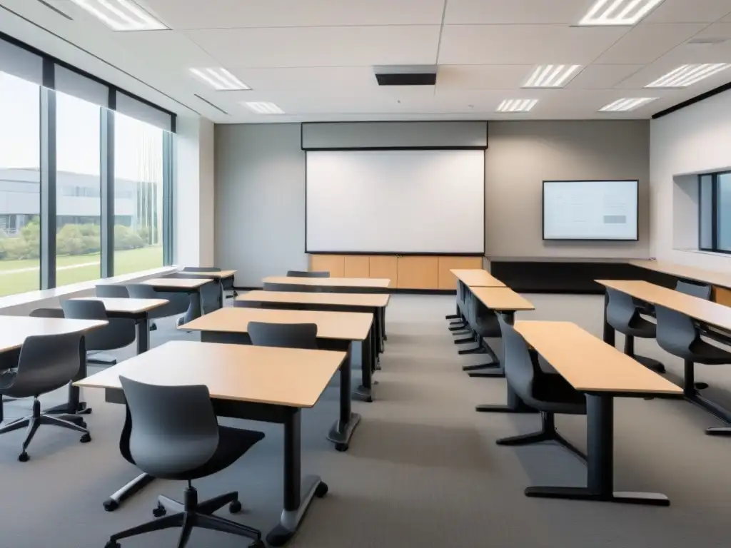 Aula universitaria moderna y minimalista en 8k Salón universitario moderno y minimalista con equipamiento educativo de alta tecnología y luz natural