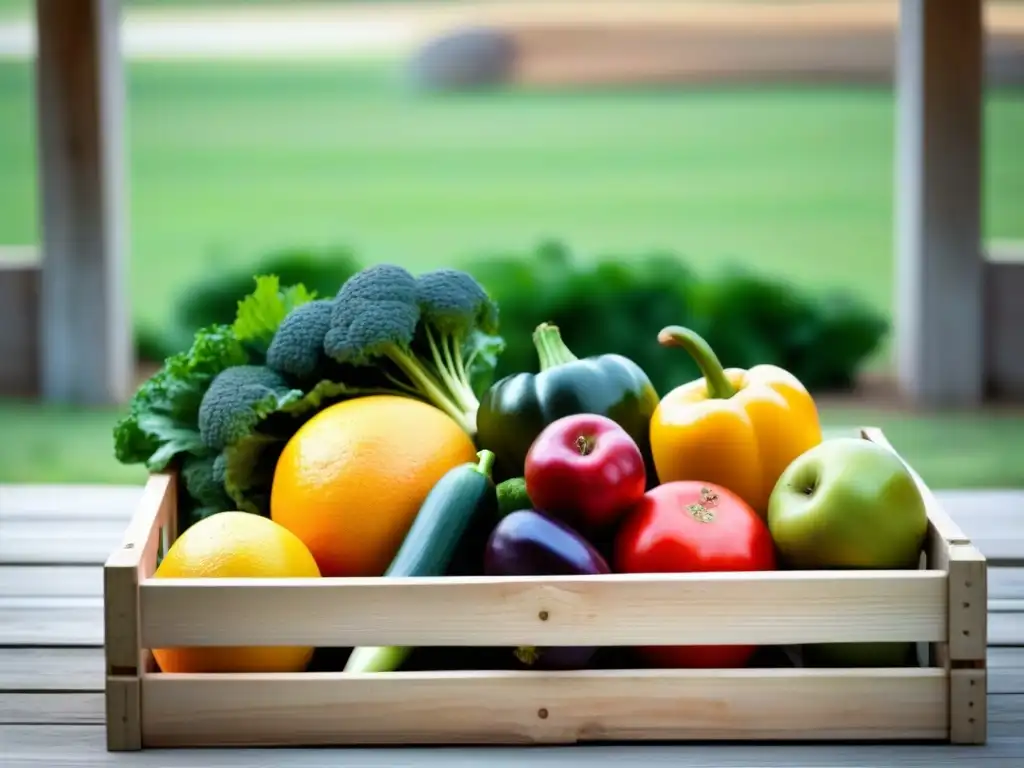 Alimentación saludable en escuelas rurales Uruguay: Frutas y verduras frescas en caja de madera rústica
