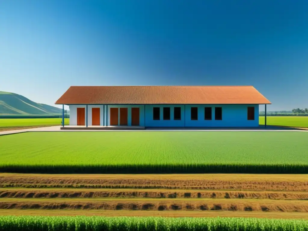 La sencilla y esencial infraestructura escolar en el campo Uruguay, destacando la paz y serenidad del entorno rural