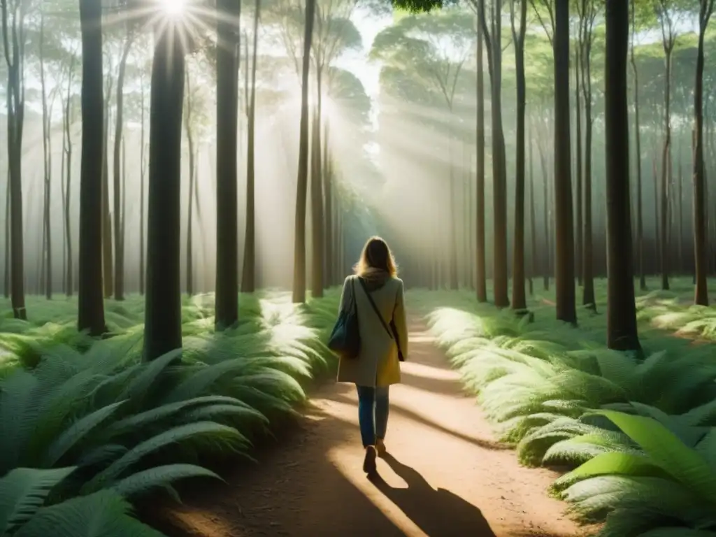 Sendero de desarrollo sostenible en Uruguay: bosque verde con luz filtrándose entre la densa vegetación, creando armonía