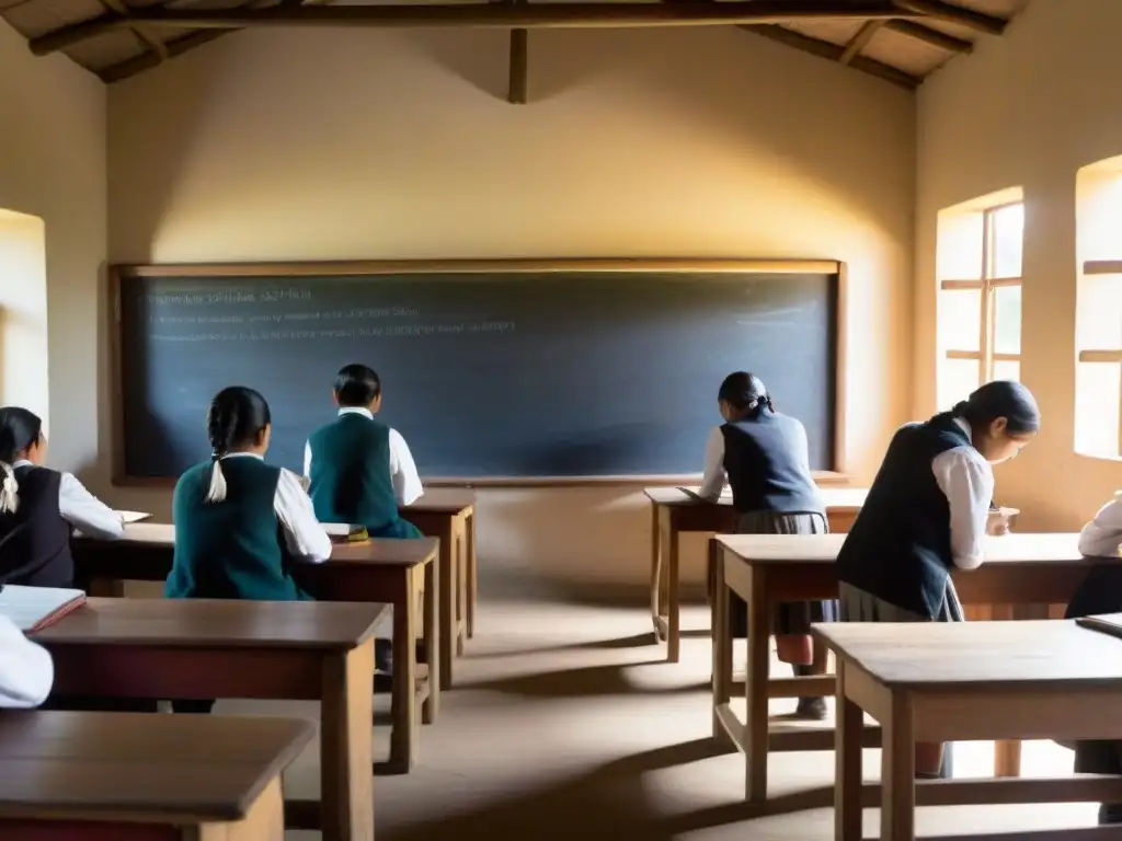 Transformación metodológica en educación rural Uruguay: aula serena con alumnos y maestros combinando métodos tradicionales y tecnología moderna